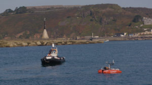 Boat and HydroSurv REAV 16 Unmanned Survey vessel on Plymouth sound